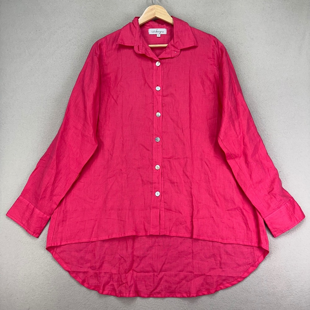 LJC Designs Blouse Womens L Pink 100% Linen Long Sleeve Button Up Lagenlook